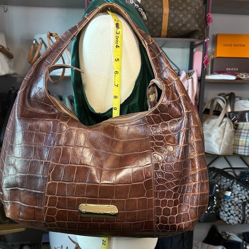 FURLA Brown Crocodile-Embossed Leather Hobo Bag
